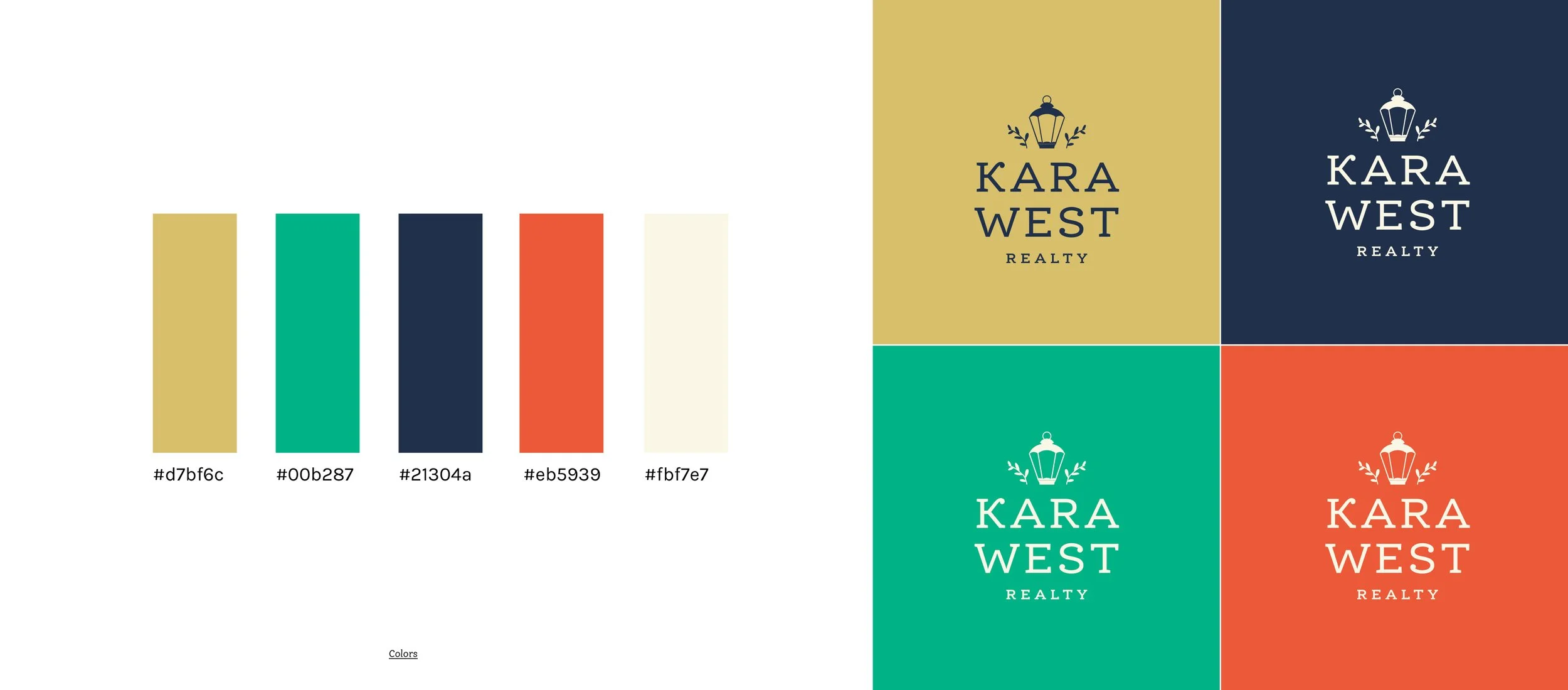 Kara West Realty logo on different color background. Gold, green, navy, orange, and ivory.