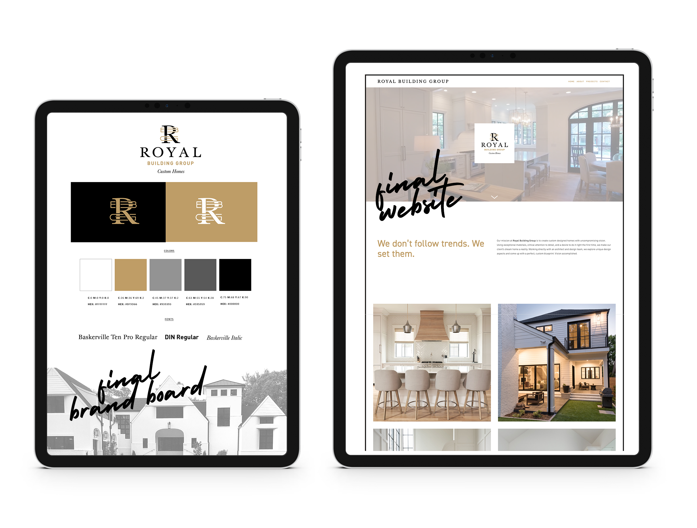 Royal building group mood board and final website mocked up on ipad