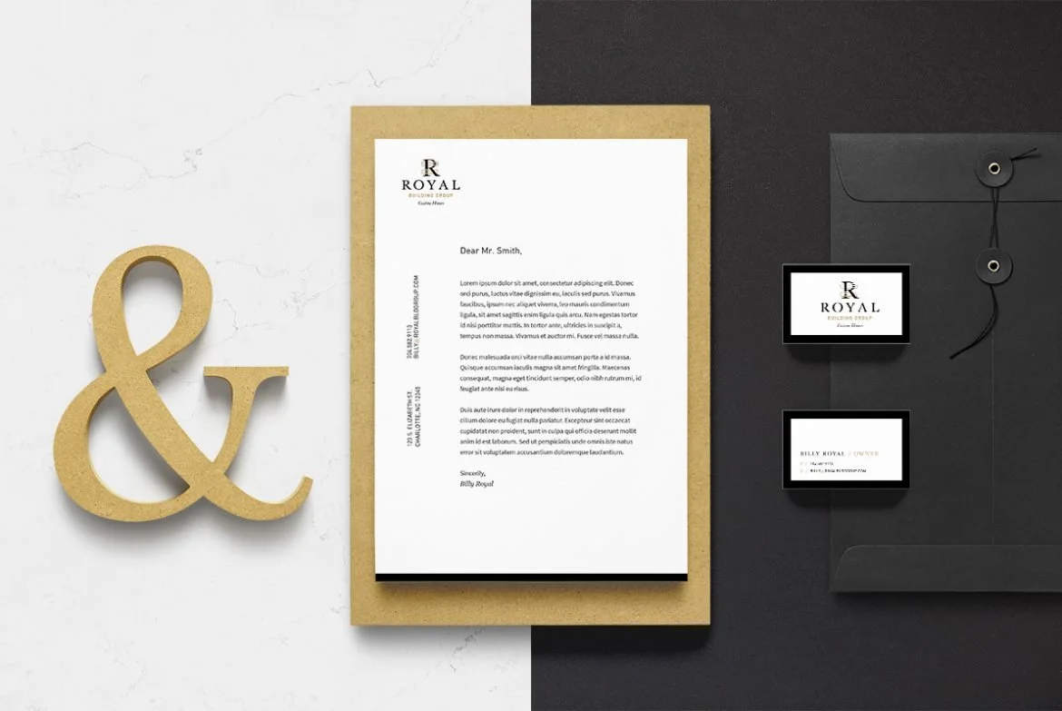 Royal building group letterhead and business card mockup.