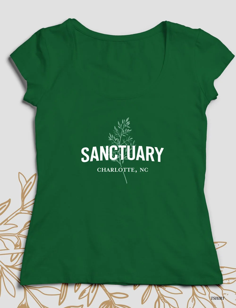 The Sanctuary at Lake Wylie logo on green tshirt mockup