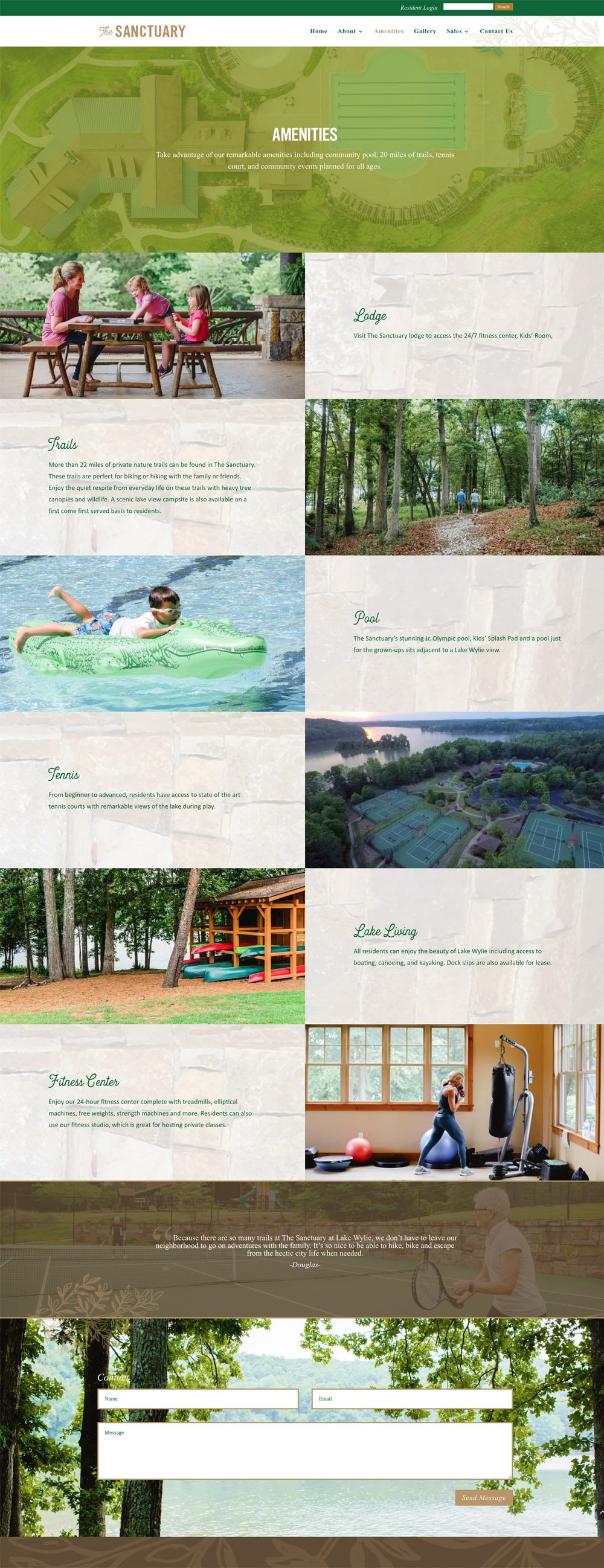 Website design for the amenities page of The Sanctuary at Lake Wylie, a luxury home community