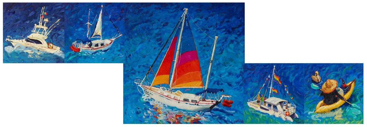BOATS EN LA BANDERA , 5 paintings_(pentaptych)