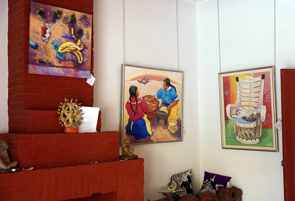   a Lake Chapala scene &nbsp;and one painting of my cat MeiMei on the euipal chair  