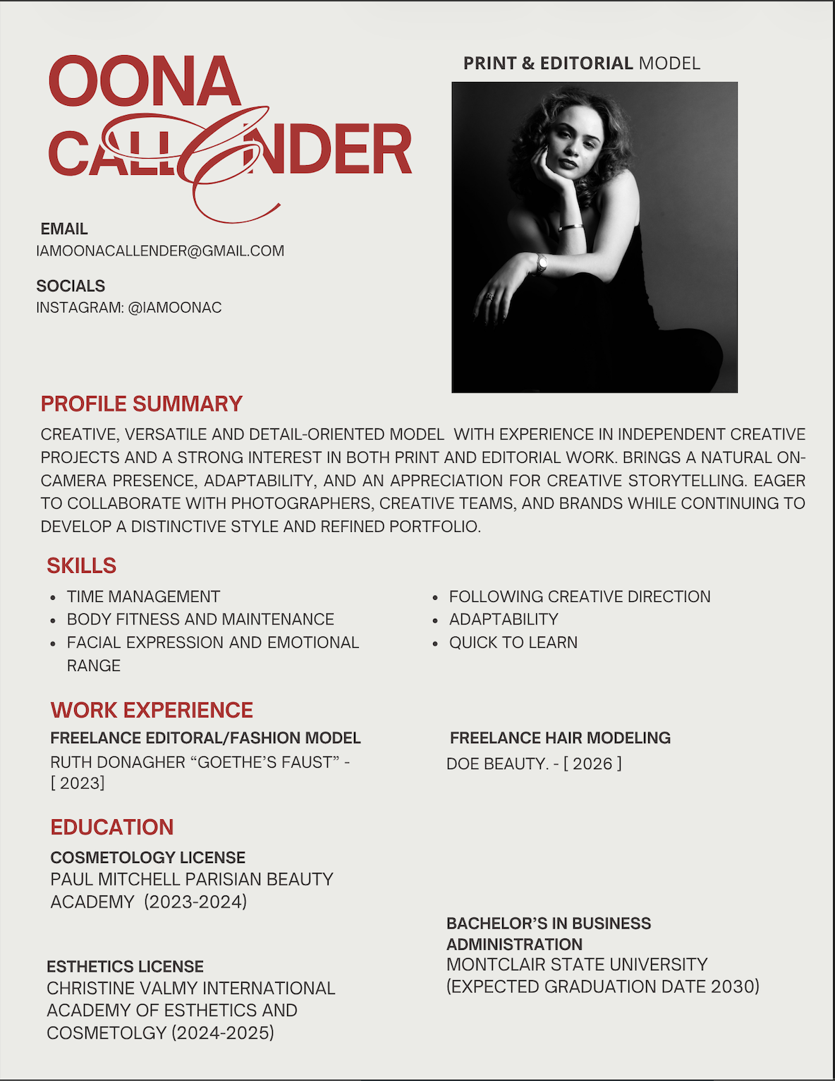 A professional resume for Oona Callender featuring a black and white headshot of a woman with curly hair, and sections detailing contact information, profile summary, skills, work experience, and education.