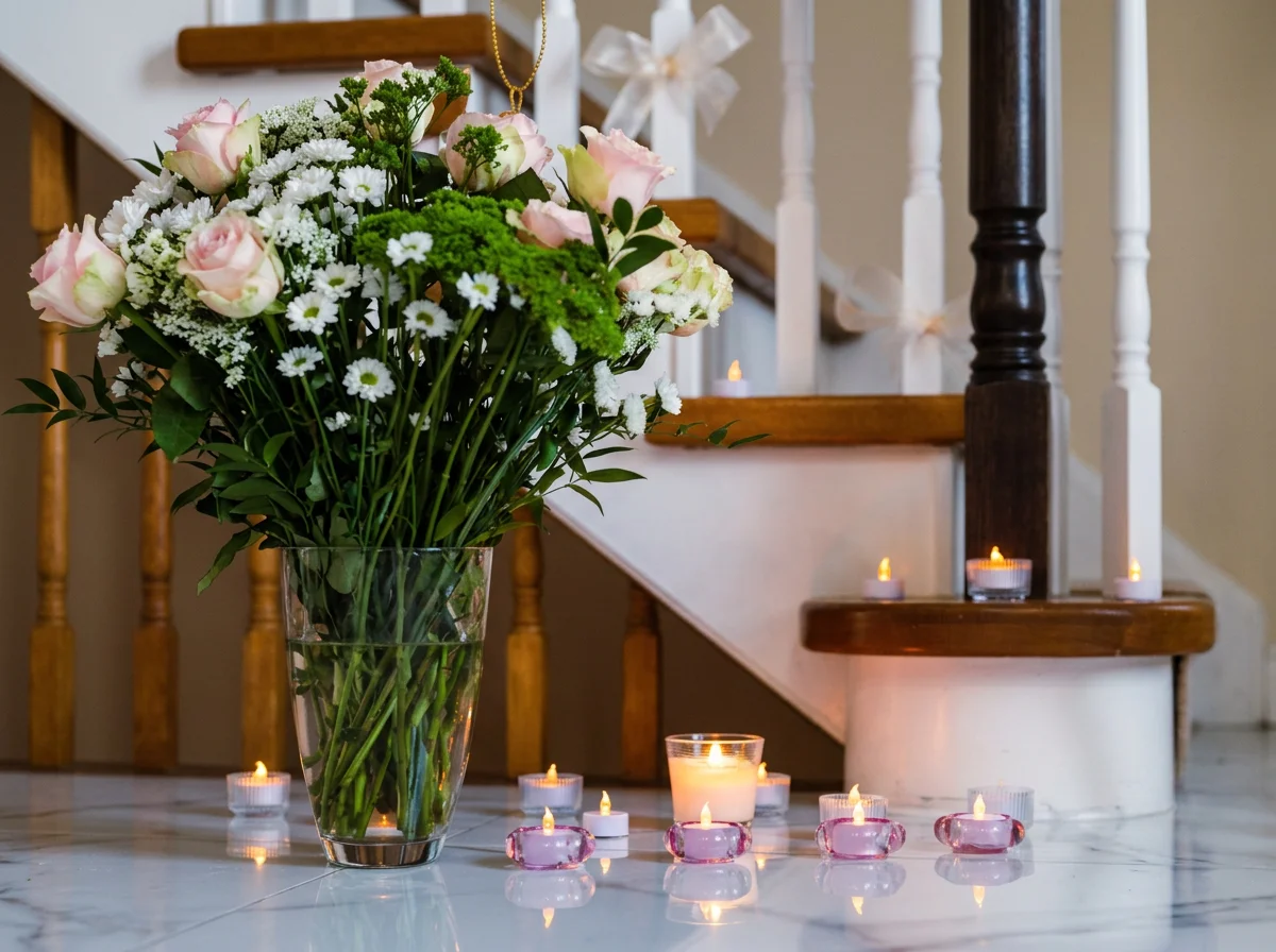 A large bouquet of pink roses, white daisies, and greenery in a glass vase on a white marble floor surrounded by lit candles, with a staircase in the background.