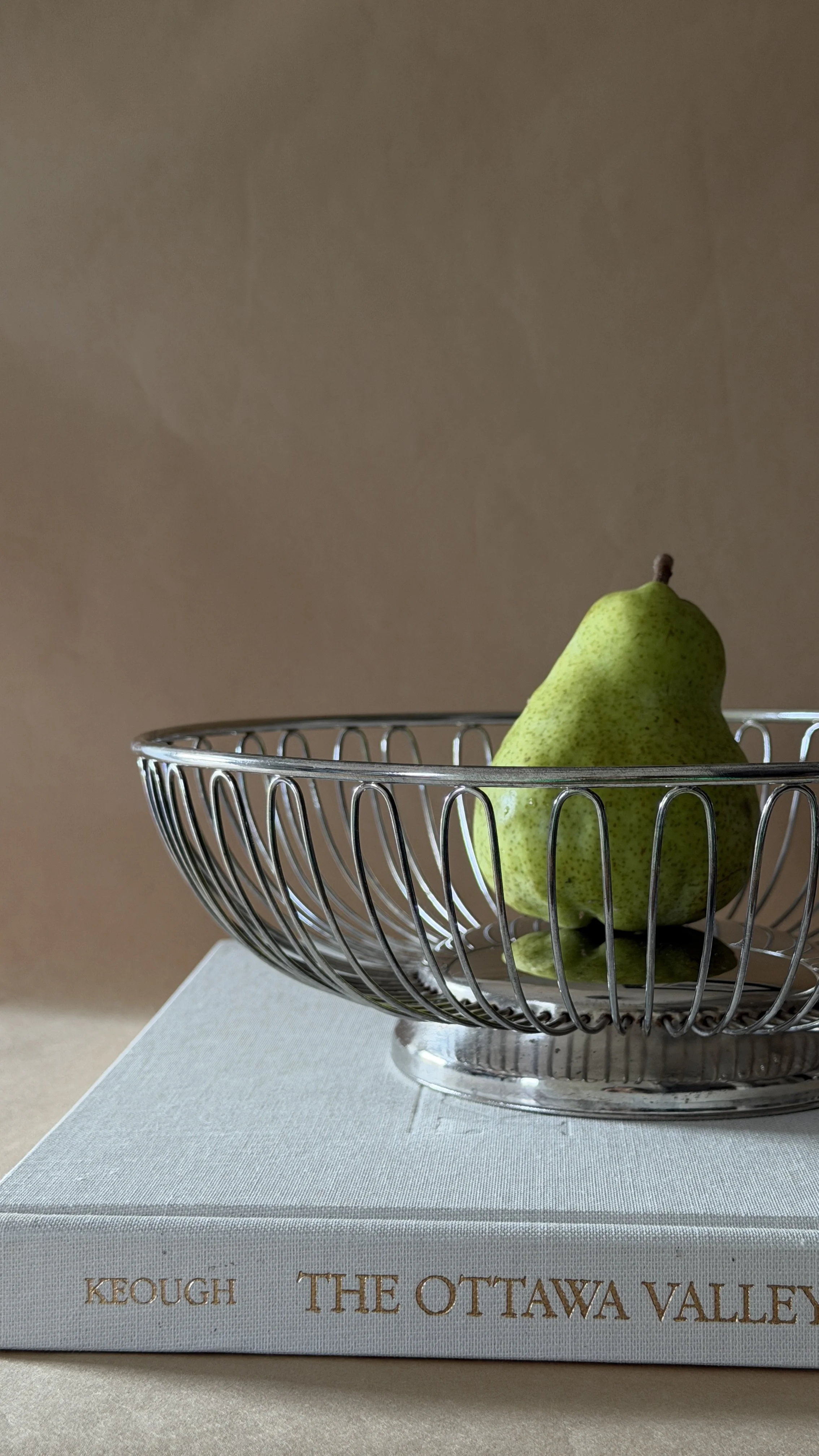 A green pear resting in a silver wire basket on top of a white book titled 'The Ottawa Valley' by Keough, with a textured beige wall in the background.