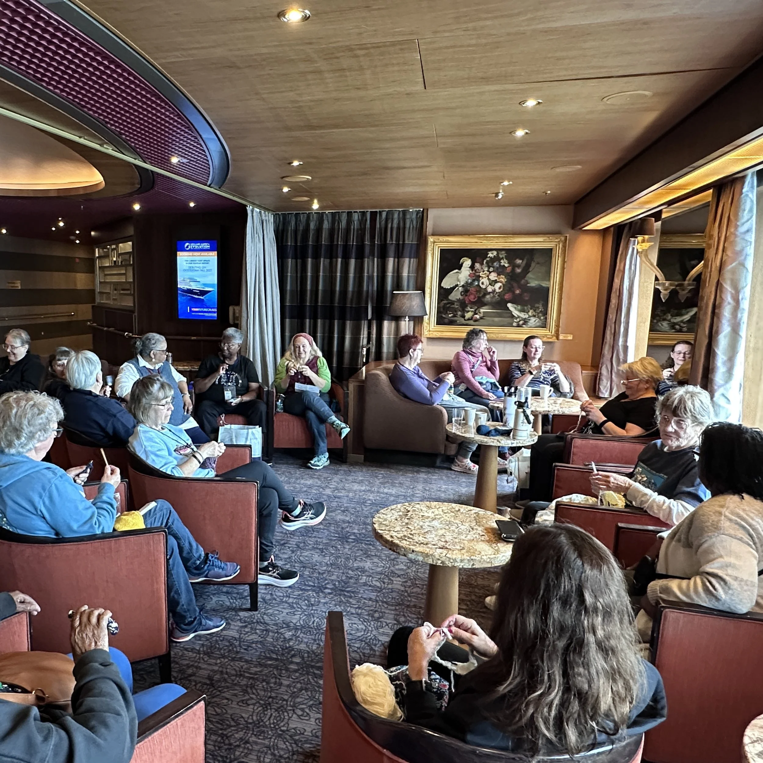 Some of our favorite hours: knitting together at sea.