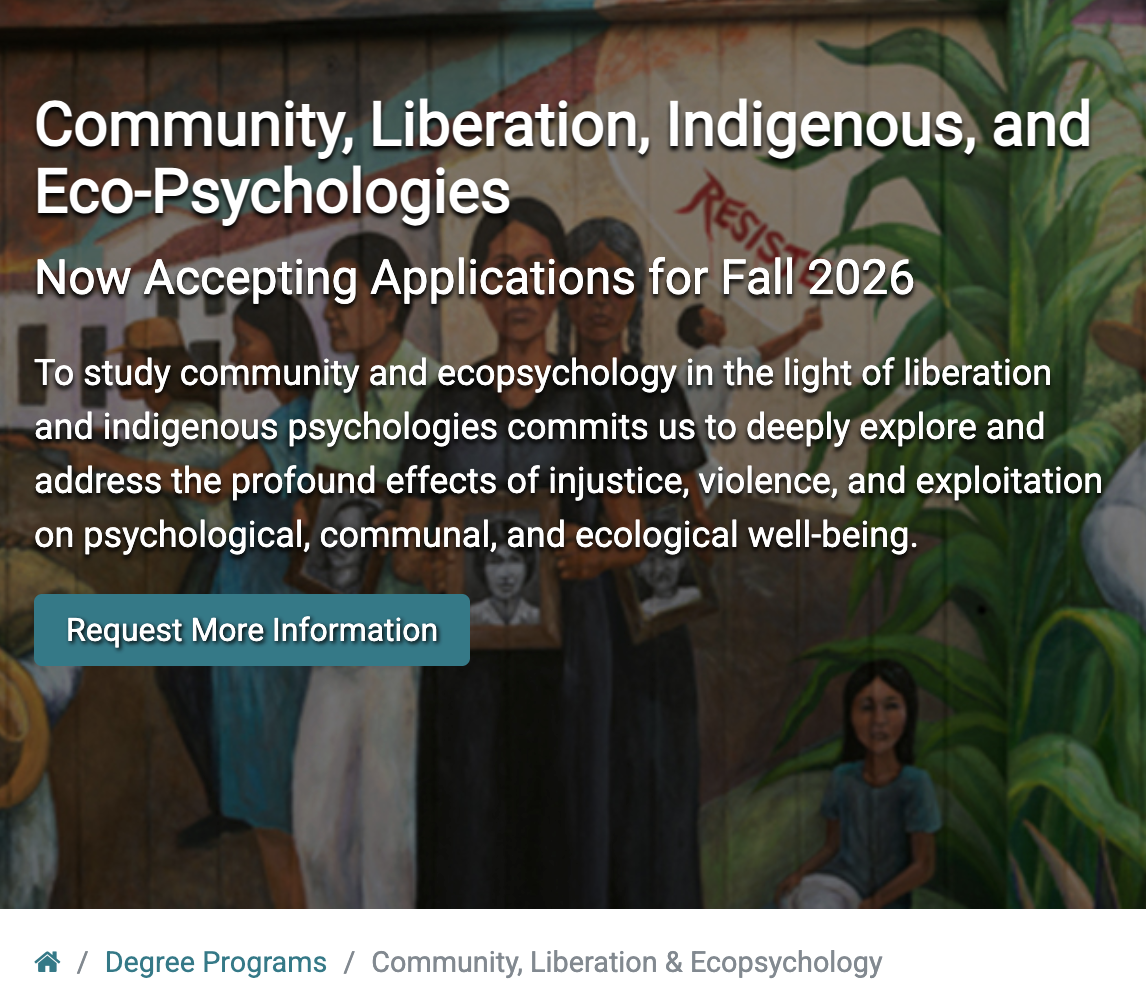 A colorful mural featuring diverse indigenous people, with green plants and a banner reading 'RESIST', promoting a degree program in Community, Liberation, Indigenous, and Eco-Psychologies.