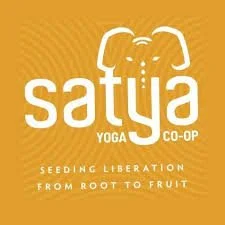 Satya Yoga Co-op logo with a dog outline above the name, featuring the tagline 'Seeding Liberation From Root to Fruit' on an orange background.