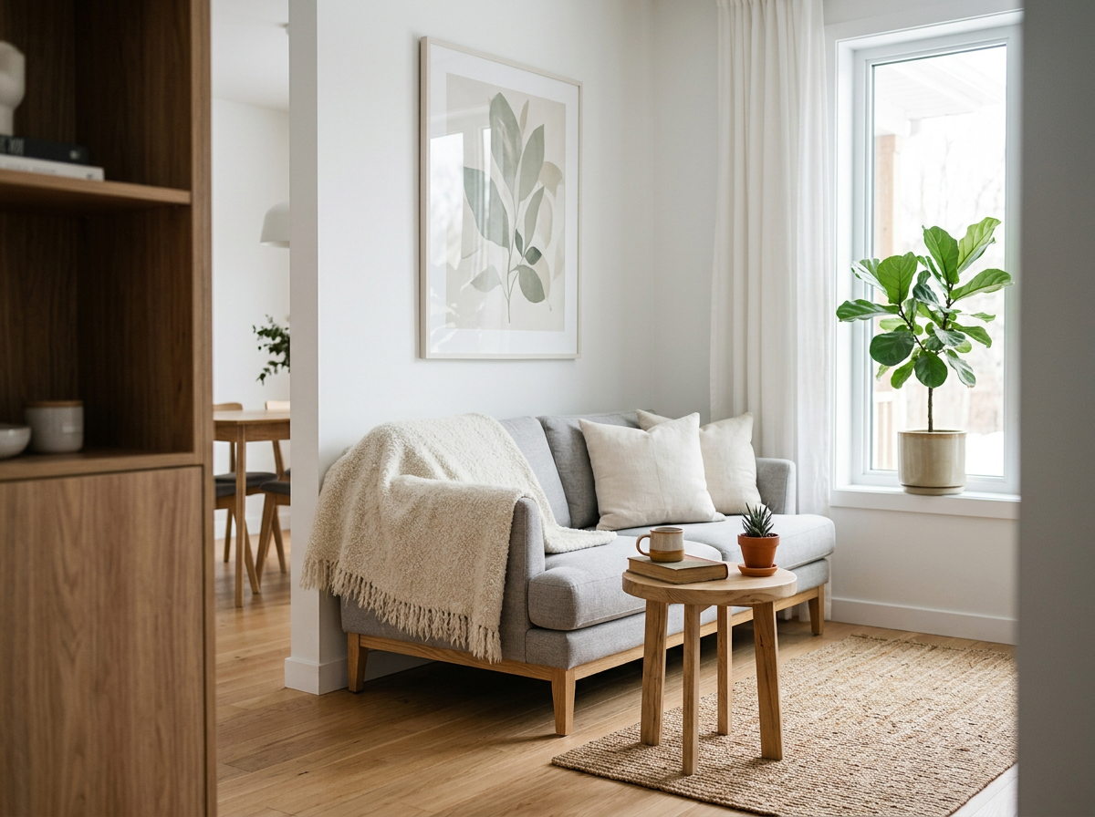 A cozy living room with a light gray sofa, white pillows, a beige throw blanket, a wooden side table with books, a cup, and a small plant, a large window with white curtains, a wooden floor, a jute rug, and a potted plant in a beige pot.
