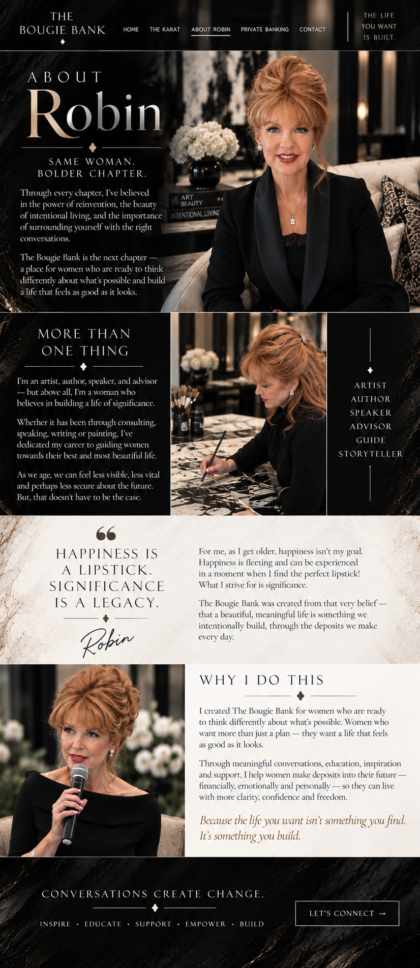Web page for The Bougie Bank featuring a woman named Robin with red hair, wearing a black blazer, sitting in a modern, elegant interior with flowers and artwork. The page includes sections about her life, values, and reasons for her work, along with photos of her speaking or working on art.