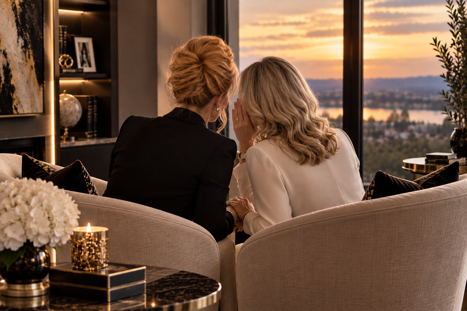 Two women sitting on a beige sofa, whispering to each other, with a sunset view through large windows behind them.