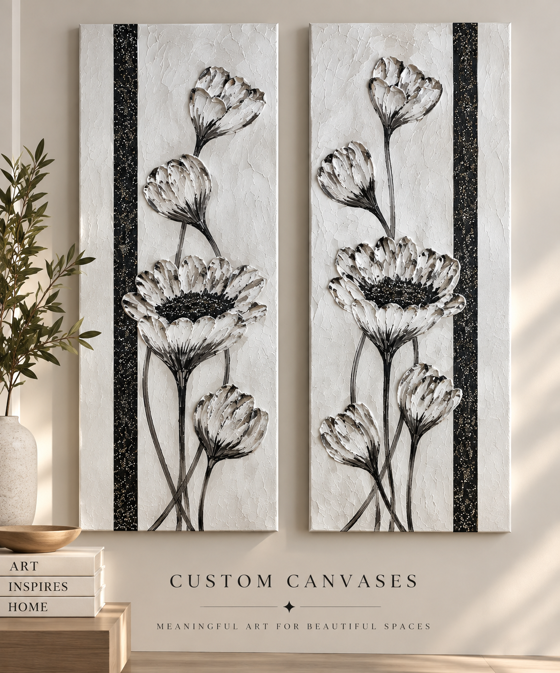 Elegant Black & Gold Floral Canvas Art Set