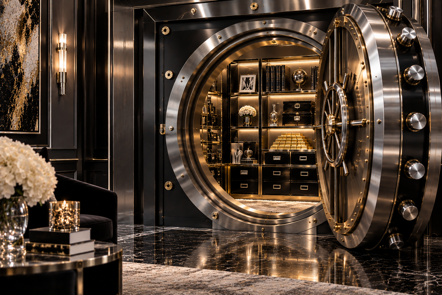 Luxurious room with a large, gold and silver vault door, black and gold furnishings, and marble flooring.