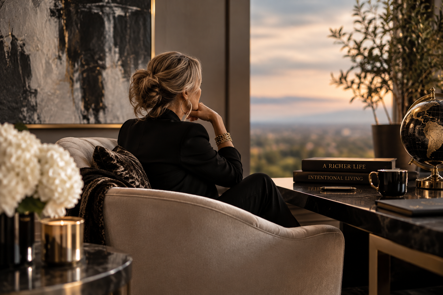 A woman with blonde hair sitting on a beige sofa, looking out of a window at sunset, with books, a globe, and decorative items on a black marble table in a luxurious, modern room.