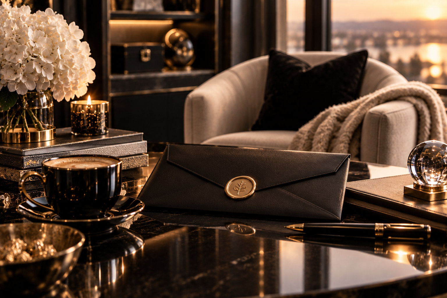 A luxurious office or living room with a black marble desk, a black leather envelope clutch, a gold and black pen, a black coffee cup on a saucer, a decorative glass sphere, a stack of books, and a bouquet of white hydrangeas in a gold vase. In the background, there's a cream-colored armchair with a black pillow and a cozy blanket, with a cityscape and sunset visible through large windows.