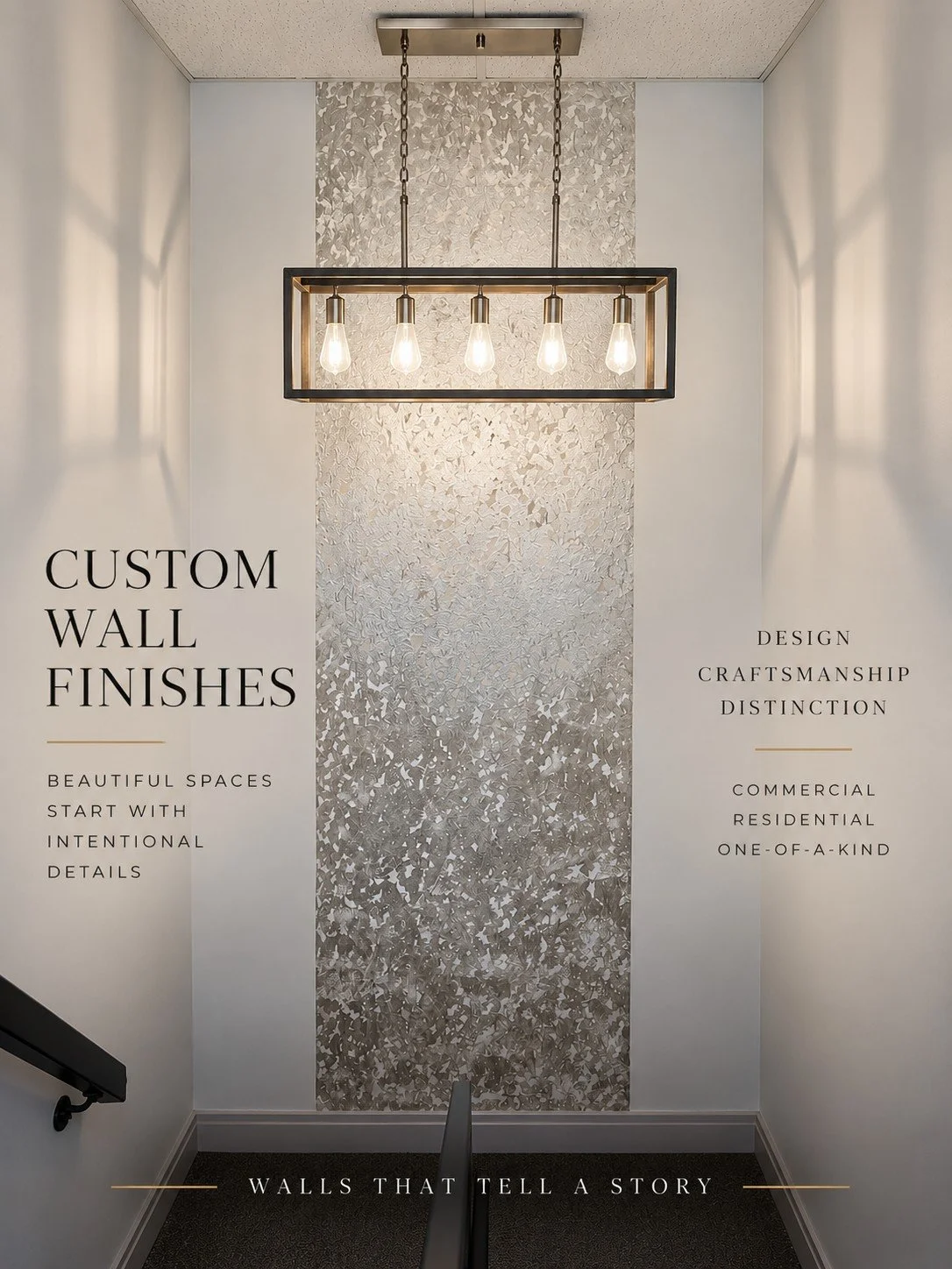 Interior wall with metallic decorative panel and modern rectangular chandelier with exposed bulbs.