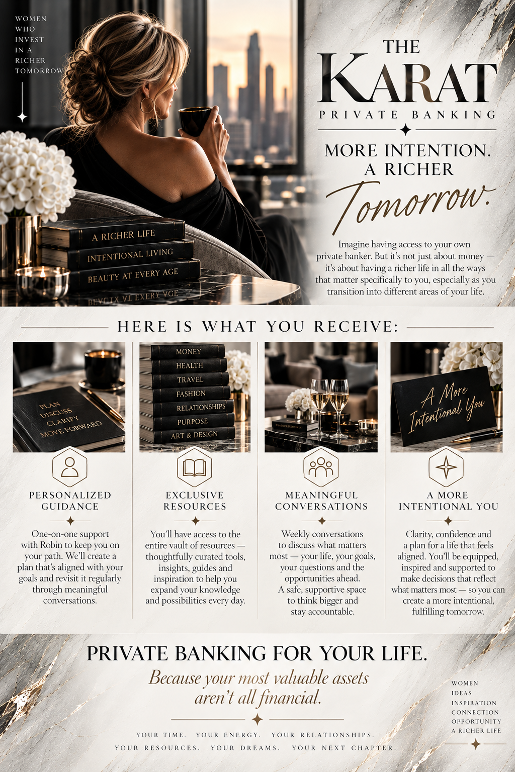 Advertisement for The Karat Private Banking featuring a woman sitting by a window with a city skyline, holding a cup. The ad highlights personalized guidance, exclusive resources, meaningful conversations, and intentional focus on life aspects beyond finances.