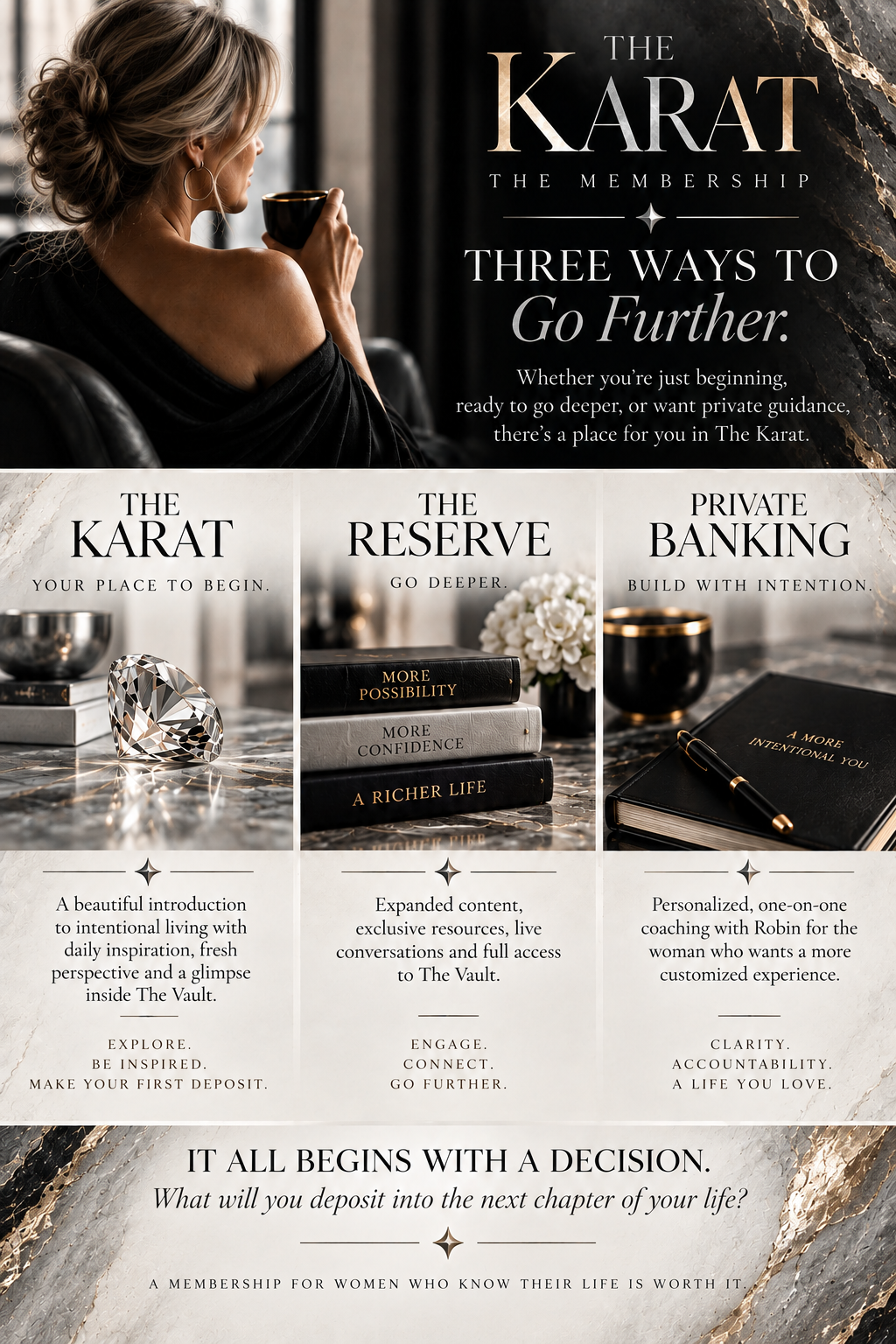 A woman sitting in a dark room, holding a cup, advertising The Karat membership for women, highlighting three ways to go further: The Karat, The Reserve, and Private Banking, with elegant books, jewelry, and a notebook on a marble surface.