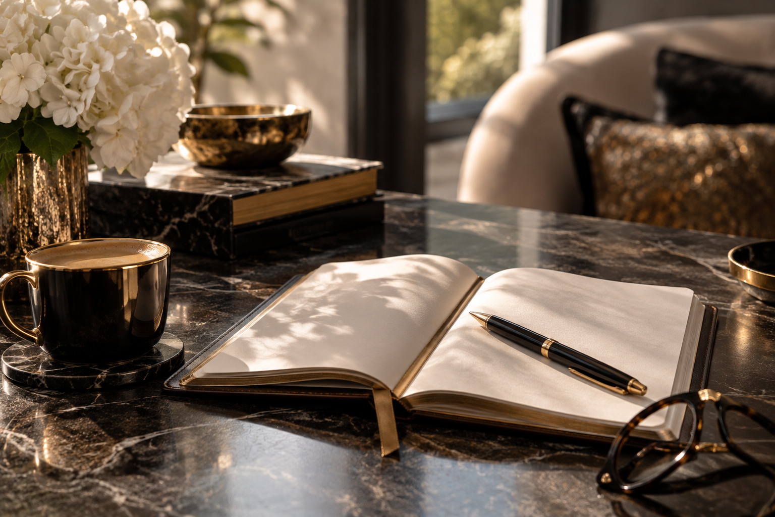 An open notebook with a black and gold pen resting on it, a black and gold coffee mug on a matching black marble coaster, a stack of books with decorative bowls and a flower arrangement on top, and eyeglasses on a dark marble table, with sunlight streaming through a window.
