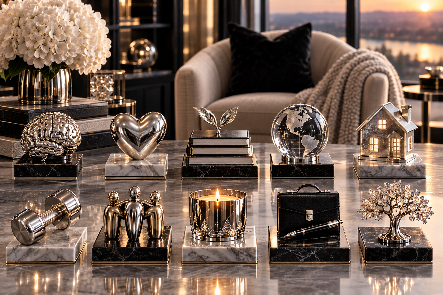 Decorative items on a marble table, including a brain sculpture, a heart sculpture, a pile of books with leaves on top, a globe, a house figurine, a metallic tree, a candle, a small black handbag, a pen, and a metallic tree with clear stones, with a sitting area and windows showing a sunset in the background.