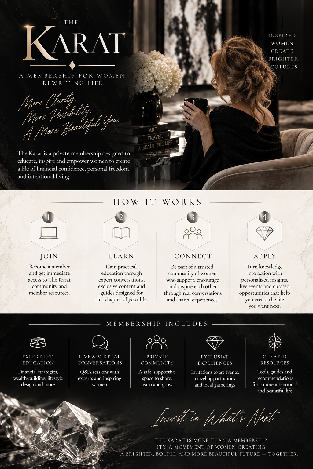 Advertisement for The Karat, a women’s membership organization, featuring a woman with curly hair holding a mug, sitting on a sofa beside a table with white flowers and books, with sections explaining how it works and membership benefits.