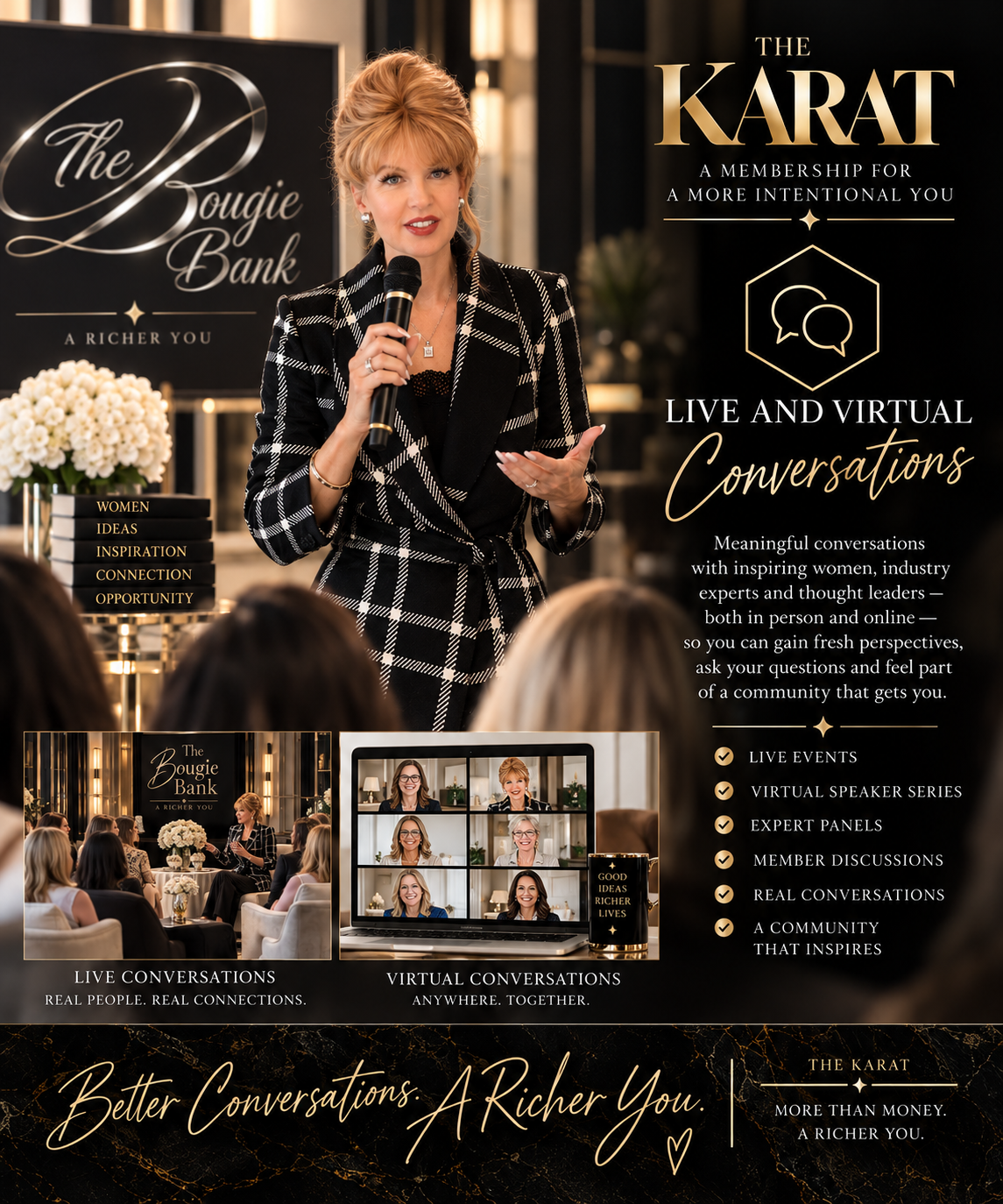 A woman speaking into a microphone at a conference with promotional material for The Karat and The Bougie Bank behind her, promoting live and virtual conversations for inspiring women, industry experts, and thought leaders.