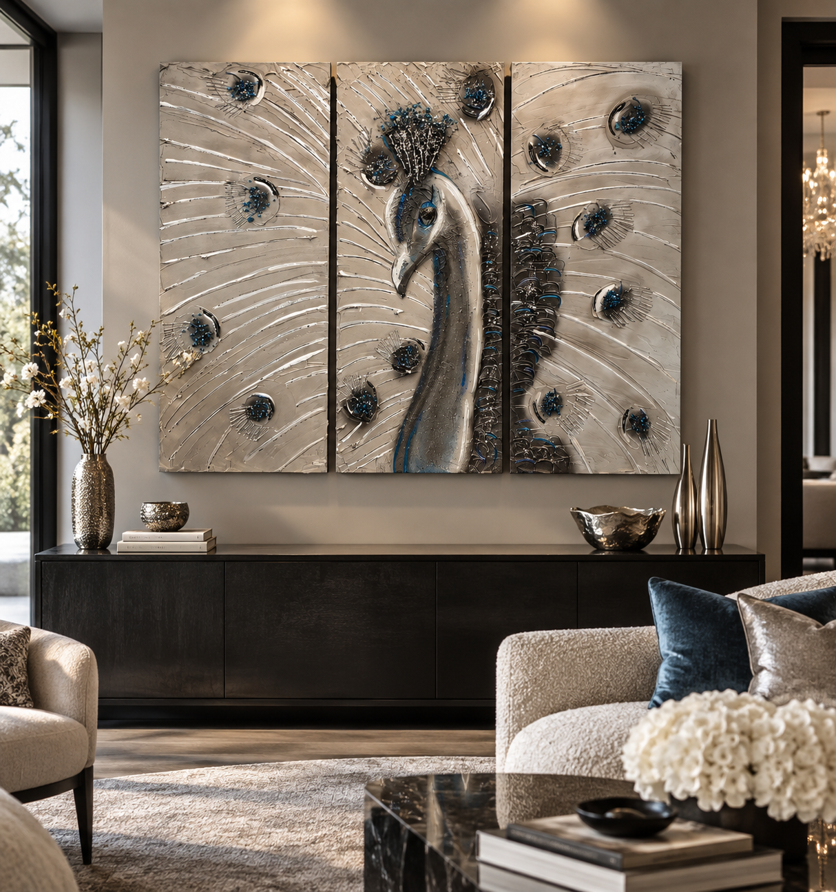 Peacock Majesty Triptych Art Piece