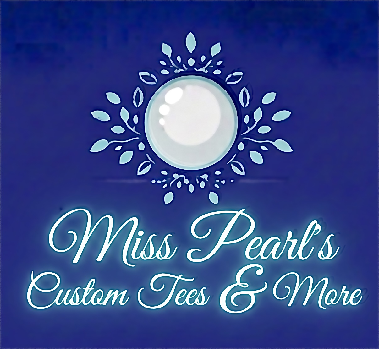 A logo with a circular design resembling a pearl, surrounded by a decorative leafy pattern. Below, the text reads "Miss Pearl's Custom Tees & More" in elegant cursive font.