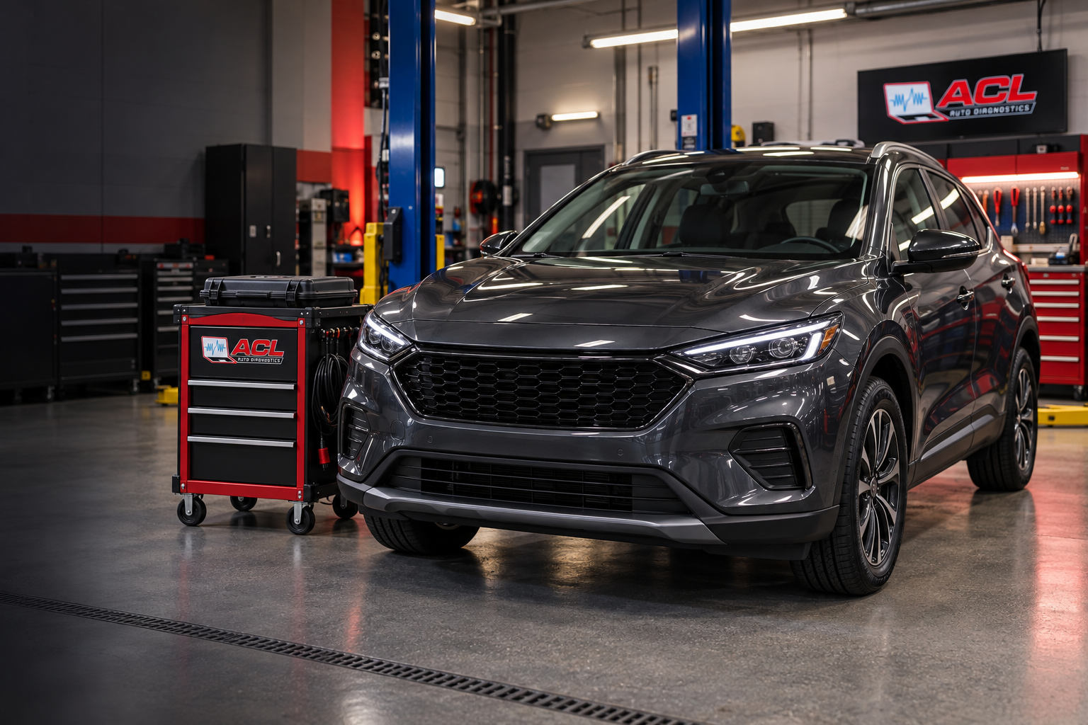 SUV parked in a repair shop service bay