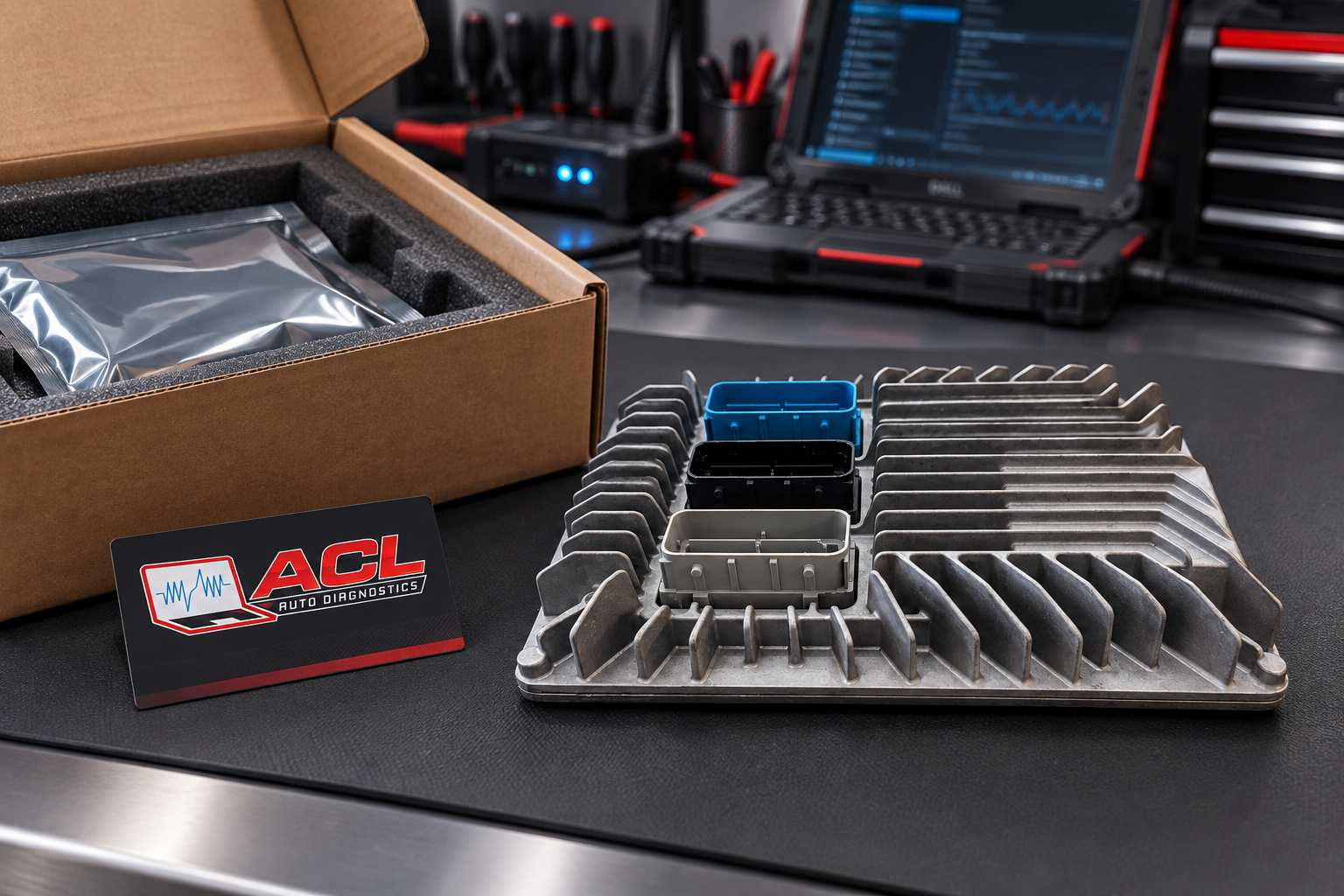 ECU module on a workbench beside its shipping box