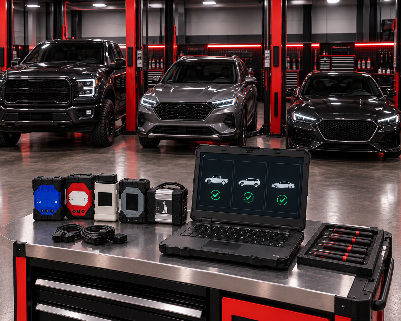 Vehicle interfaces and laptop on a bench in the service bay