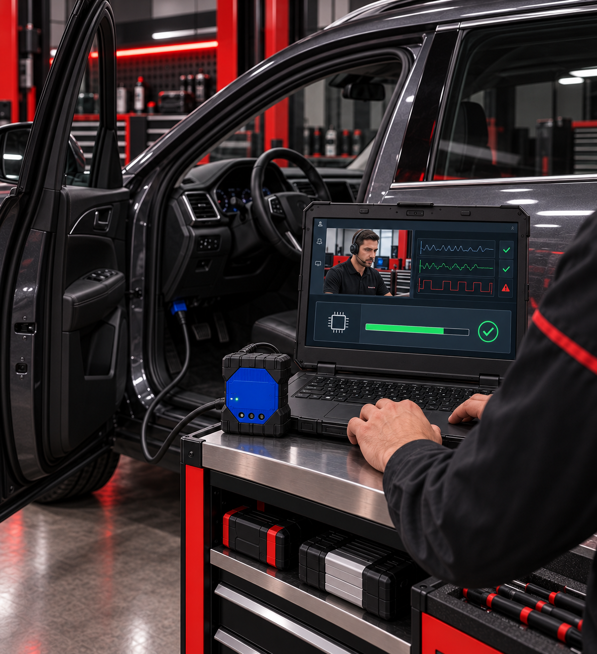 Remote diagnostic session on a laptop inside a vehicle