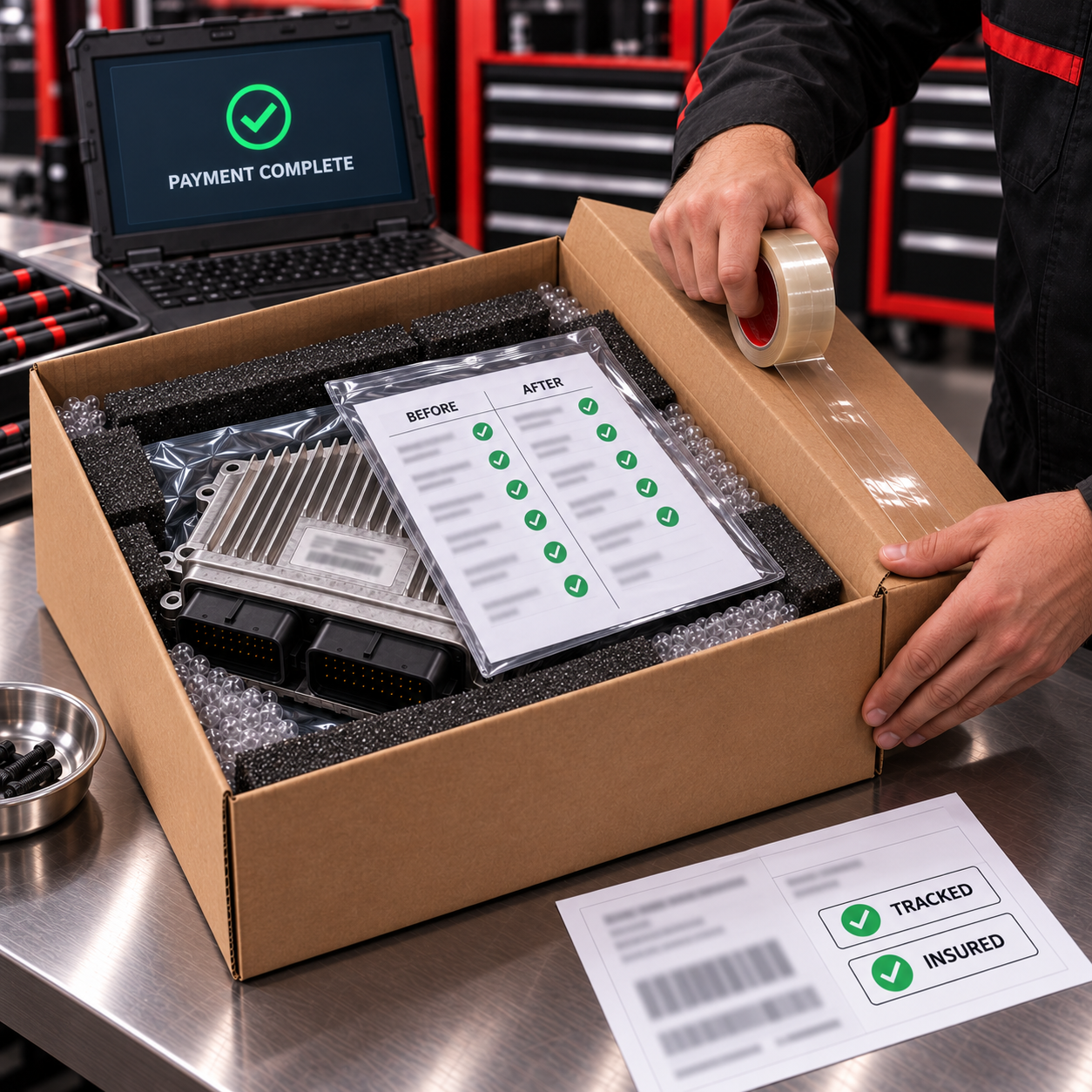 Programmed module and paperwork boxed for return shipping