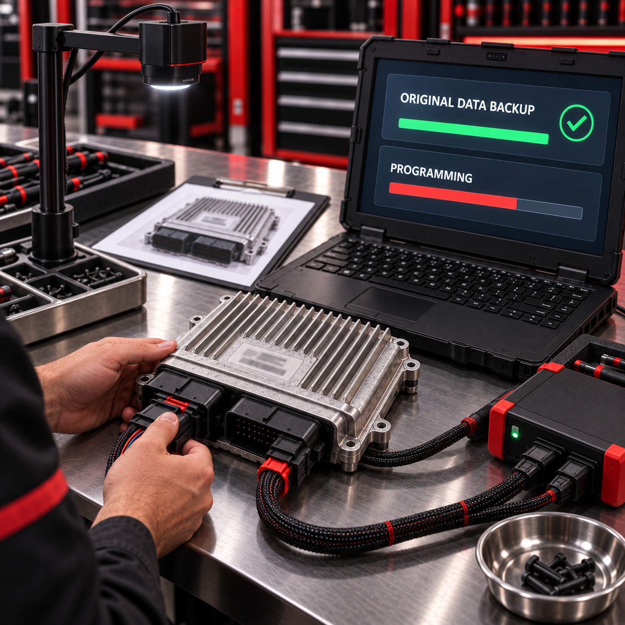 ECU module connected to a laptop for a data backup