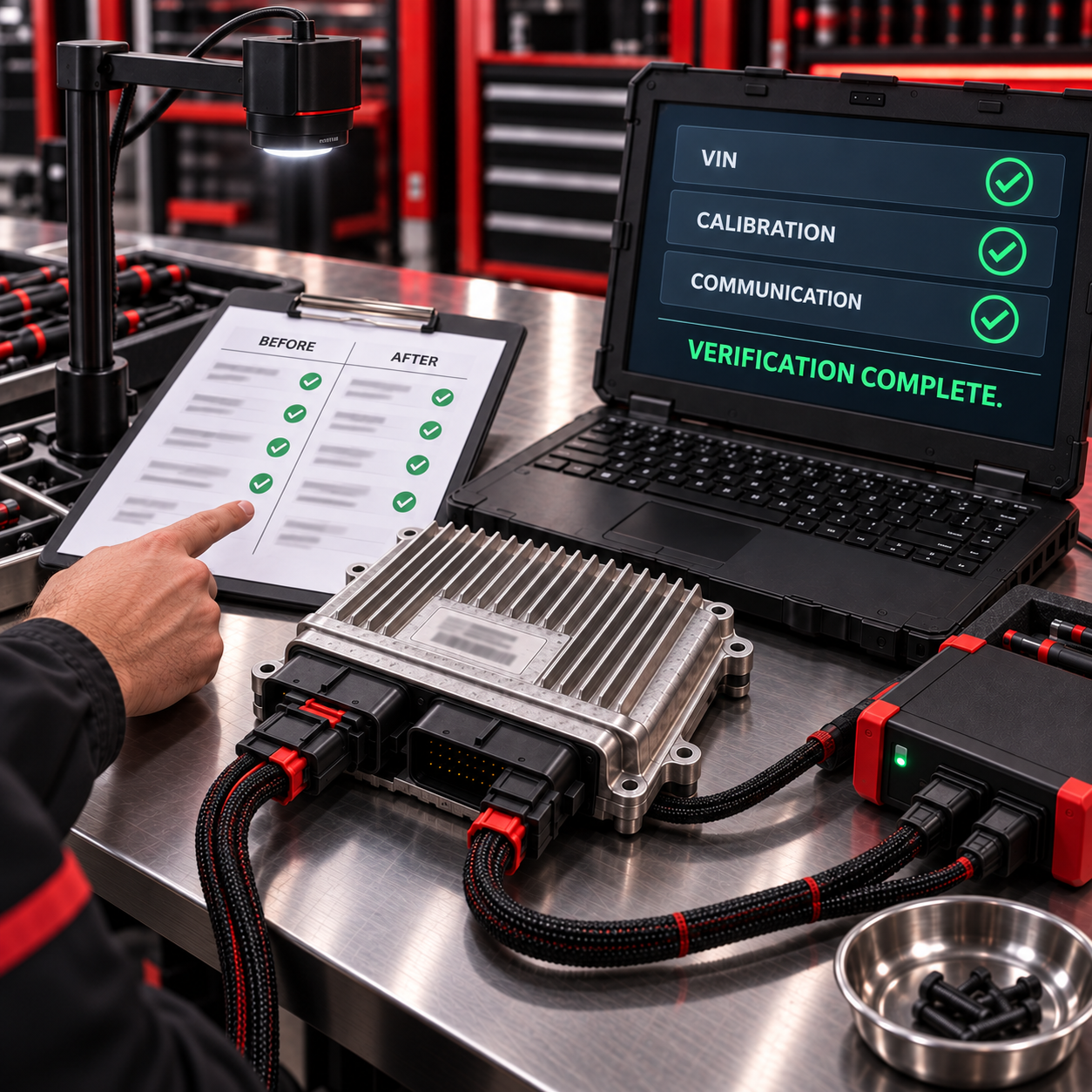 Checklist and laptop verifying a programmed ECU module