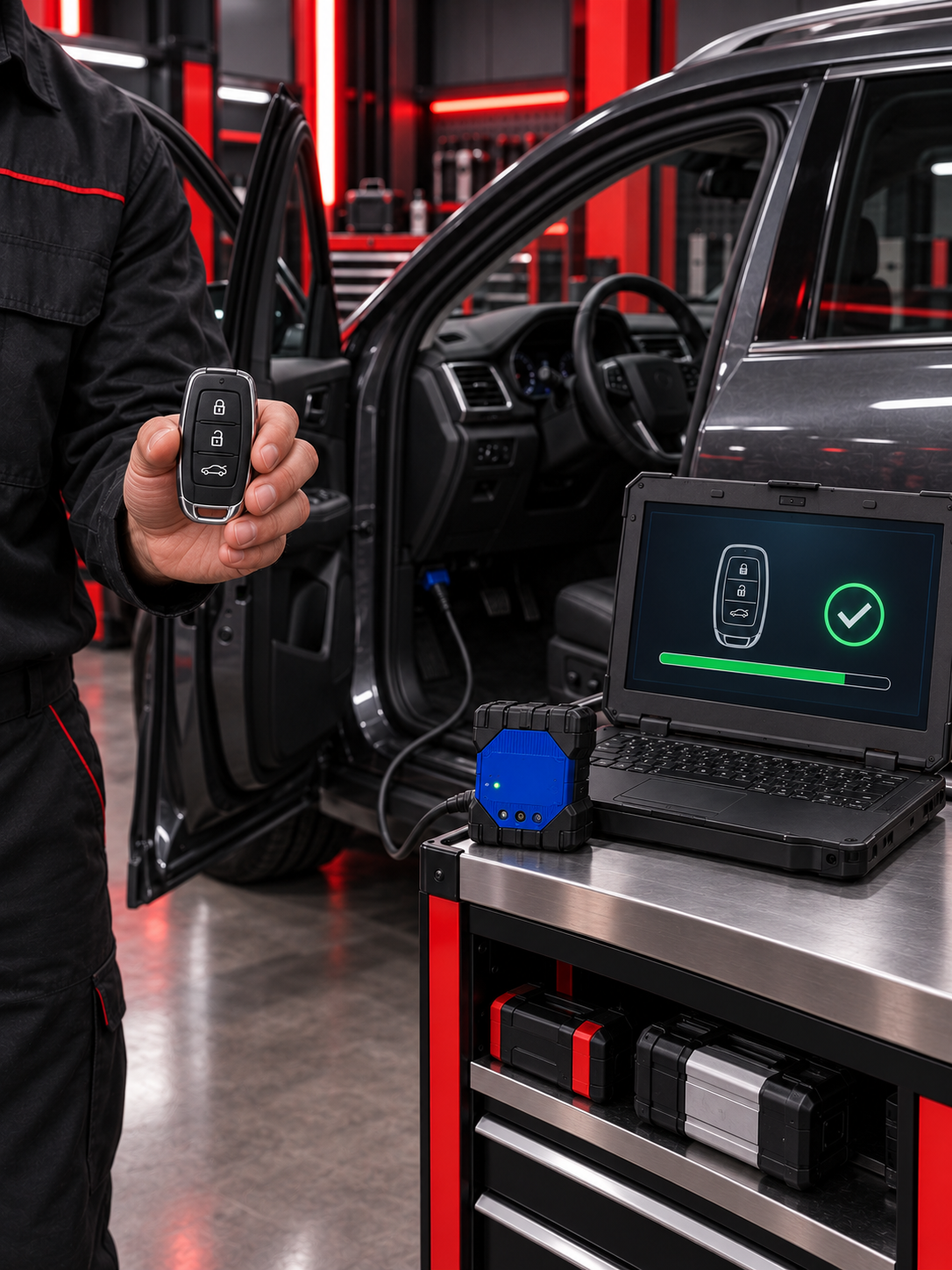 Technician programming a replacement key fob with a laptop