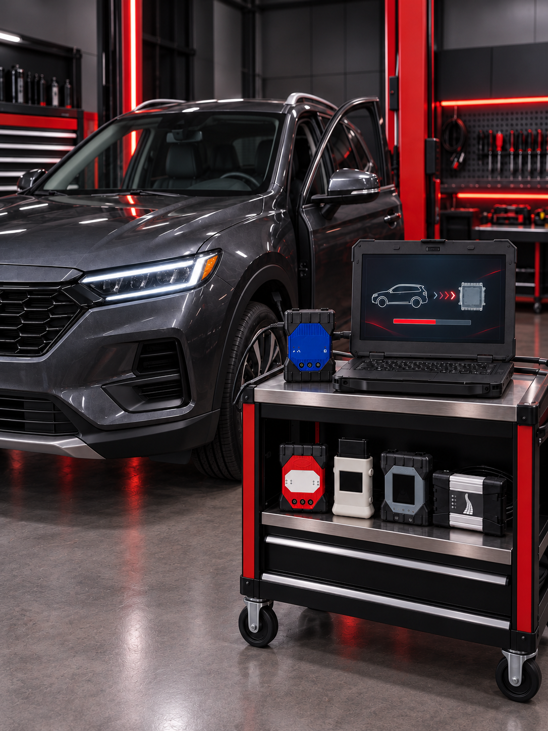 Laptop programming a vehicle module beside an SUV in the shop