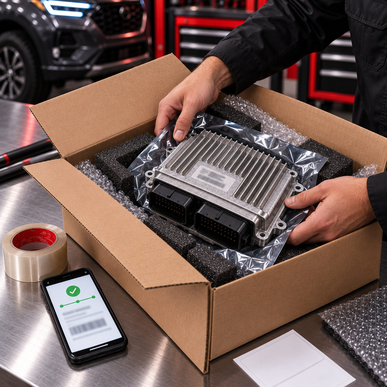 Hands packing an ECU module into a shipping box