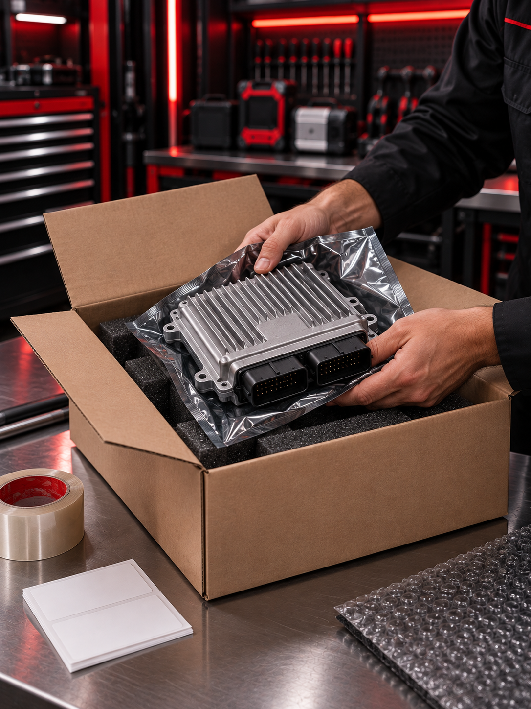 Technician packing an ECU module into a shipping box