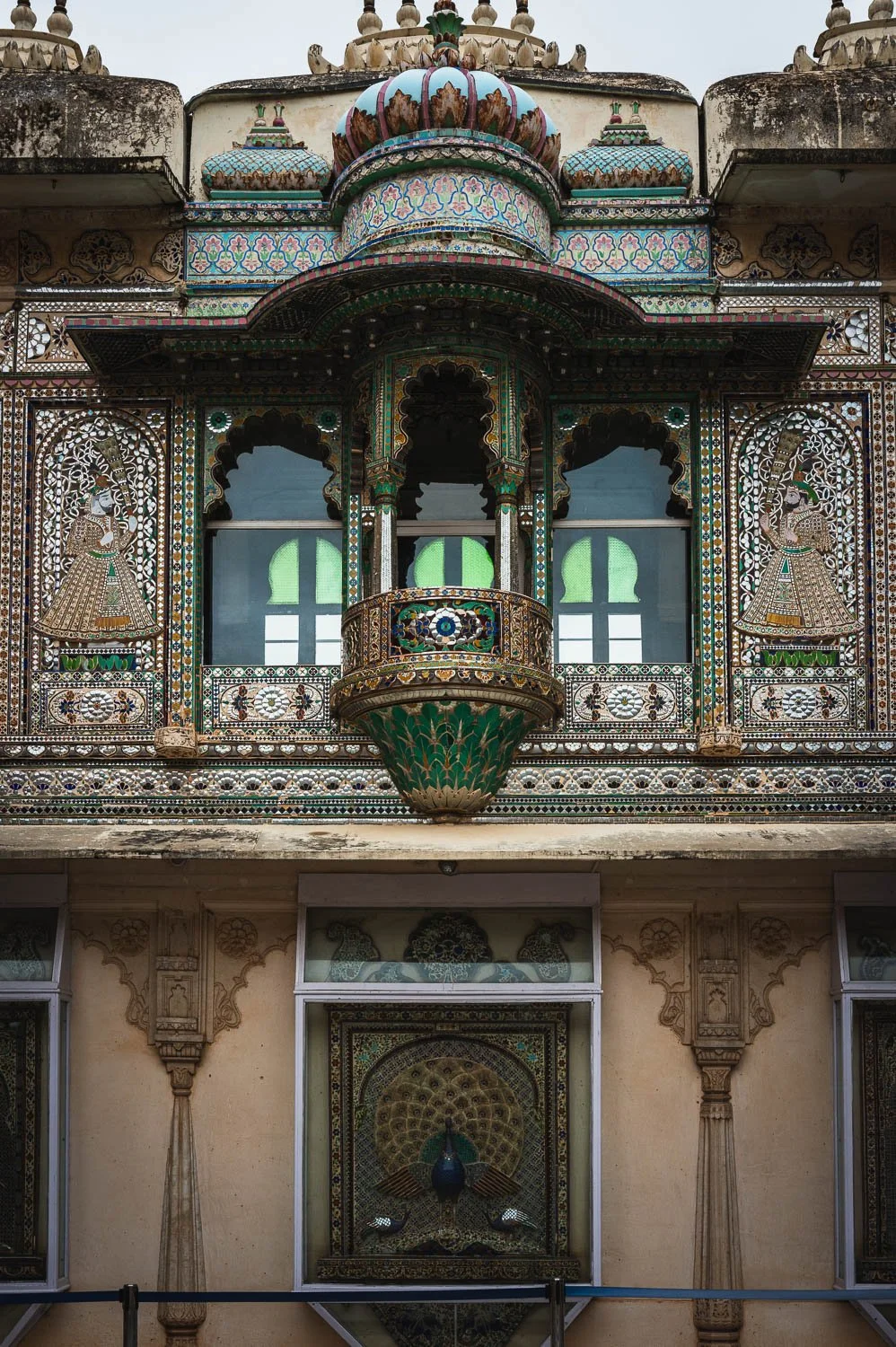Mosaic balcony and peacock panels in Mor Chowk, City Palace, Udaipur