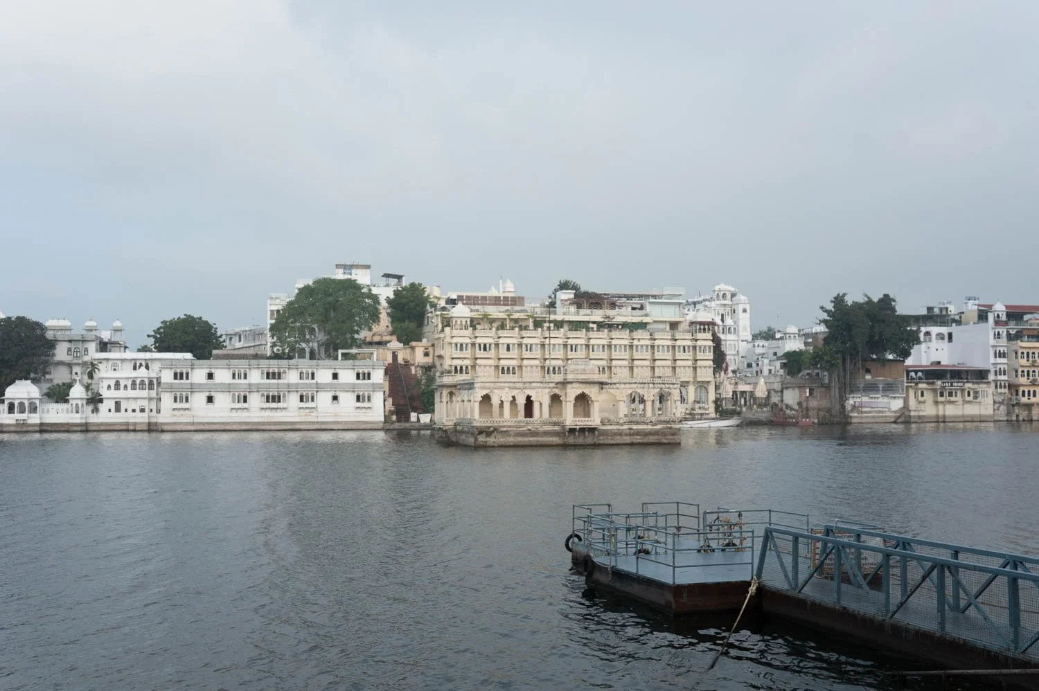 The Lake Pichola waterfront with ghats, havelis and a floating pier