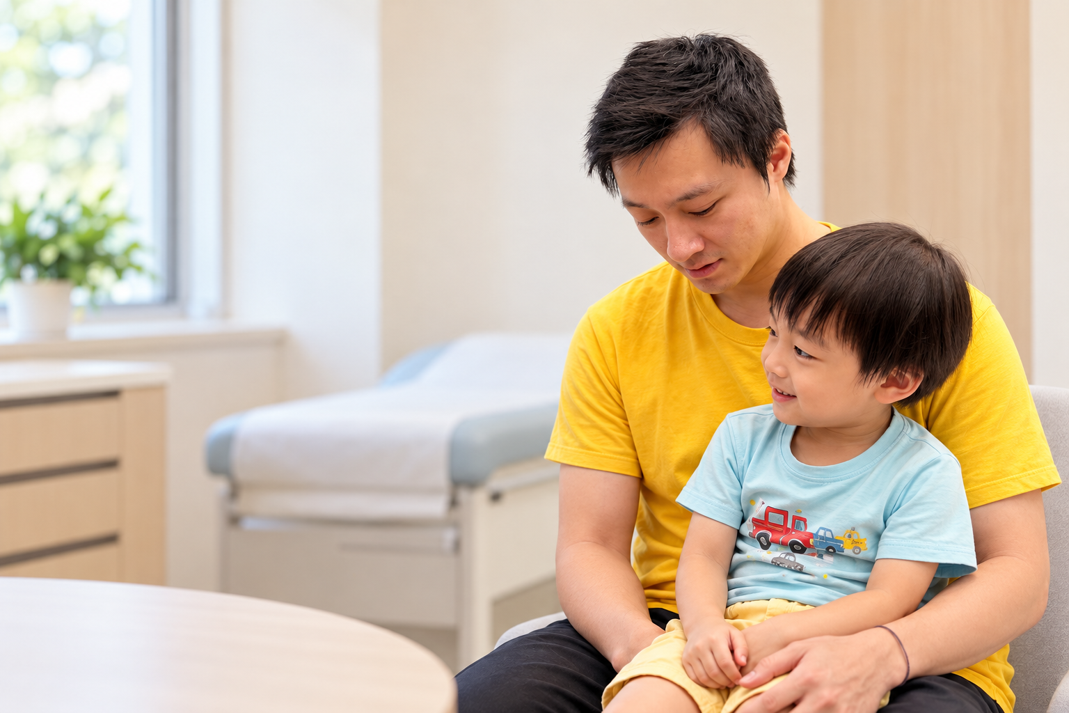 Illustrative image of a father accompanying his child at a clinic