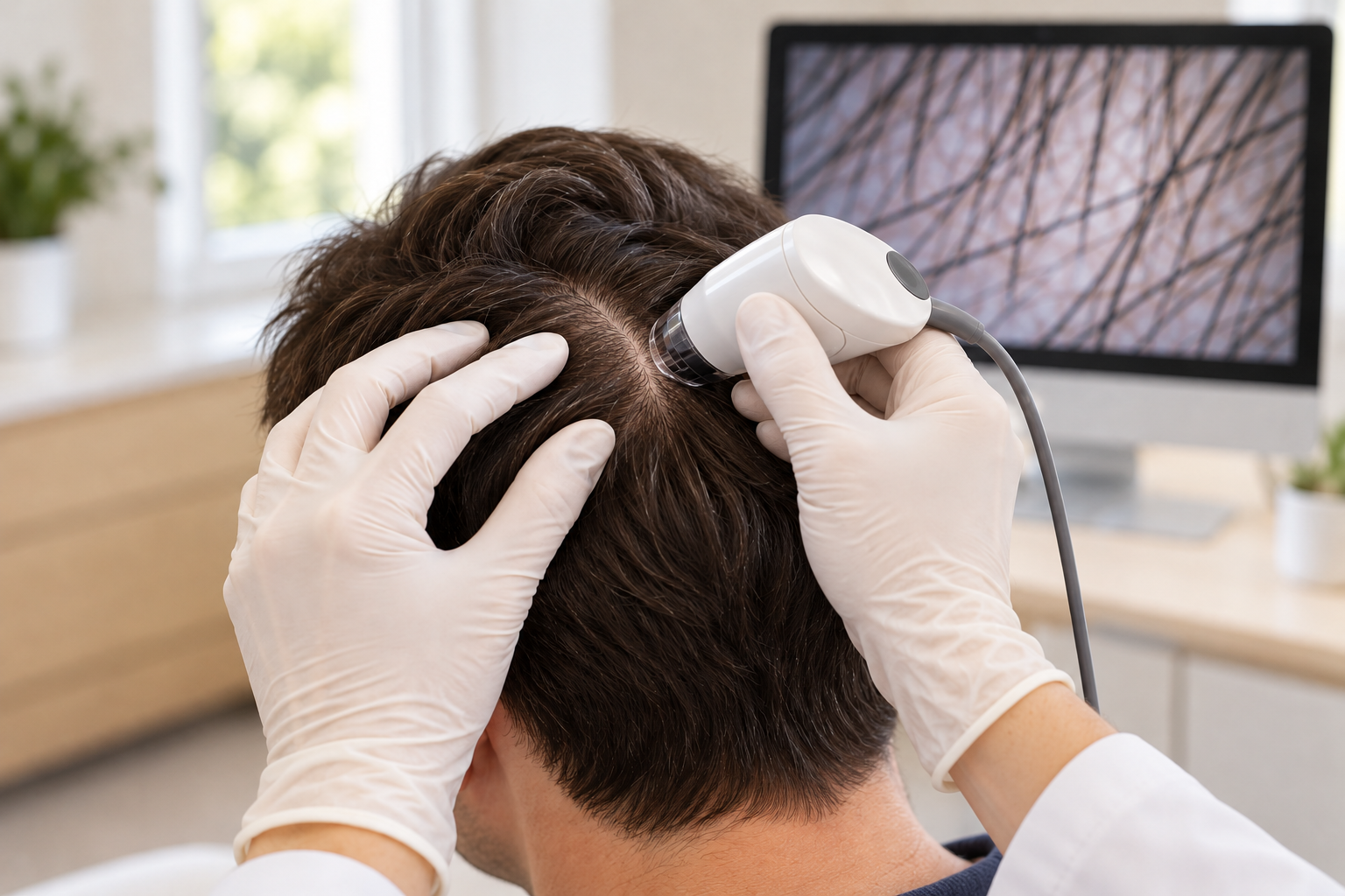 AI illustration of a scalp examination with an imaging camera and monitor