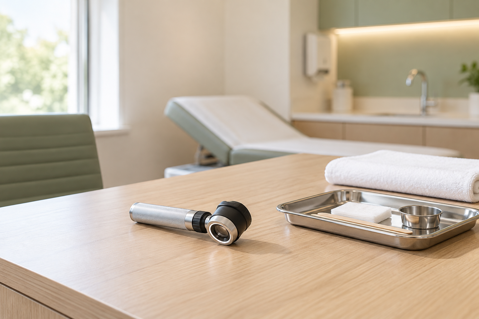 AI-generated illustration of a calm dermatology examination room with a dermatoscope on a light wood desk
