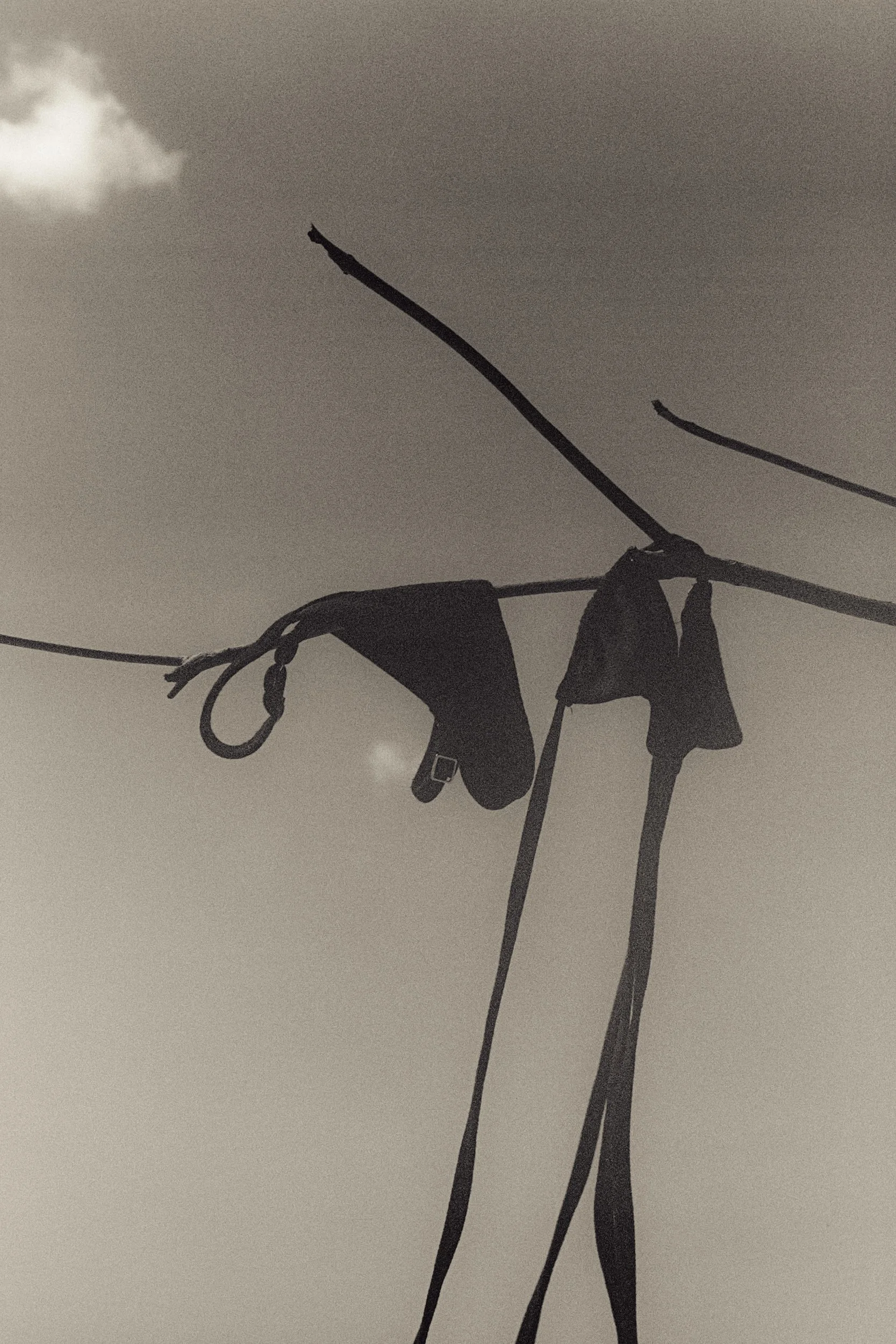 Clio bikini drying on a line against an open sky, 35mm film