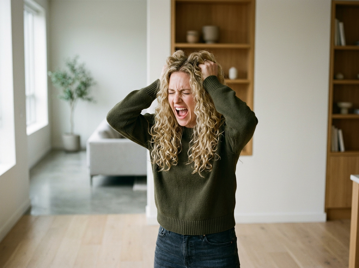 A woman with curly blonde hair holding her head with both hands, appearing distressed or frustrated, in a living room.
