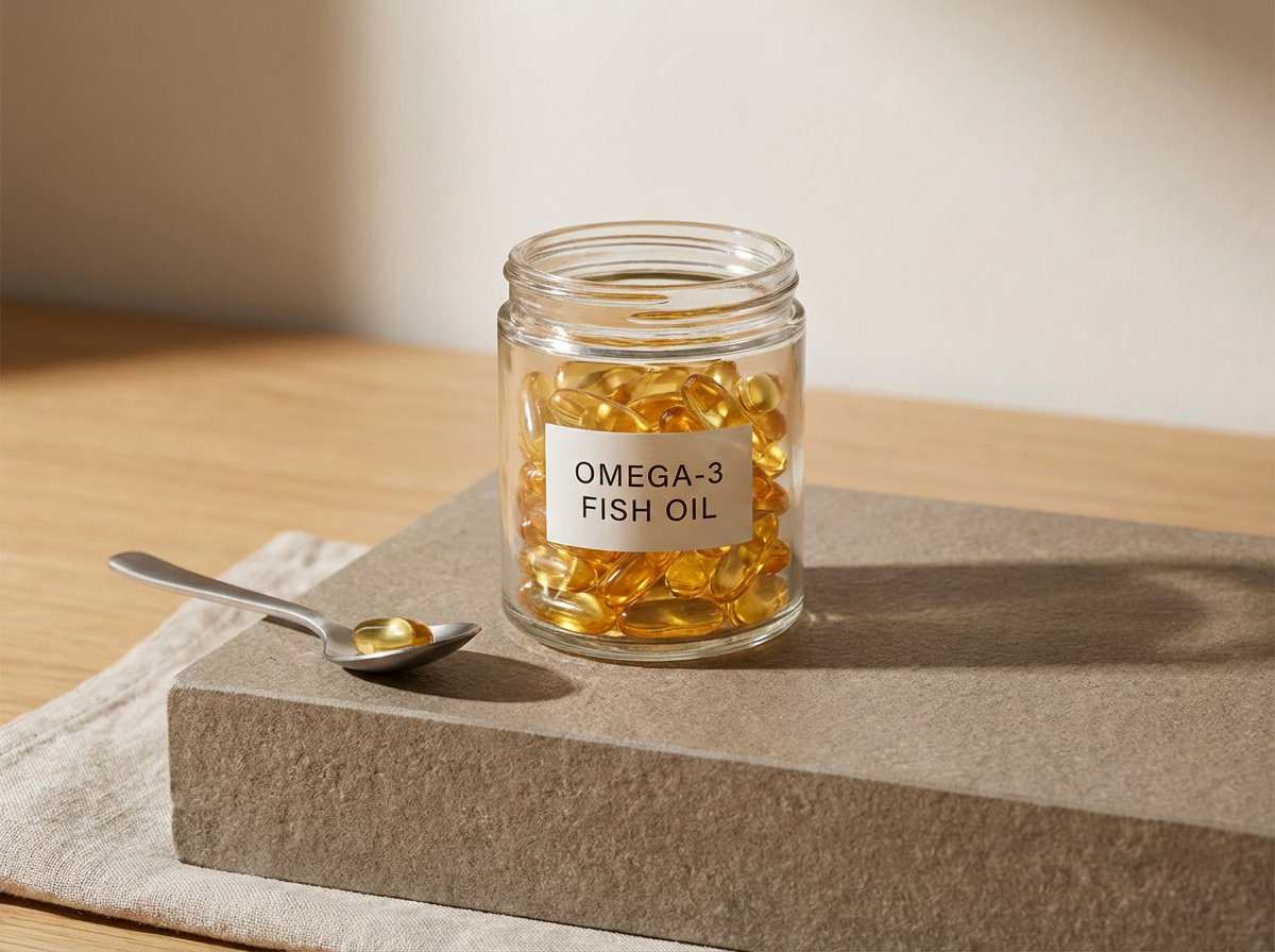 A glass jar labeled 'Omega-3 Fish Oil' filled with golden fish oil capsules, with one capsule on a metal spoon placed on a concrete platform, against a neutral background.