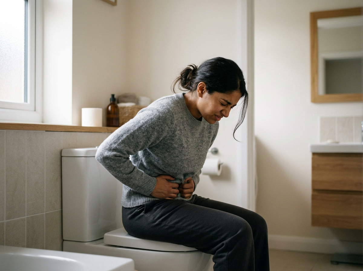 A woman sitting on a toilet, clutching her stomach with a pained expression, in a bathroom.