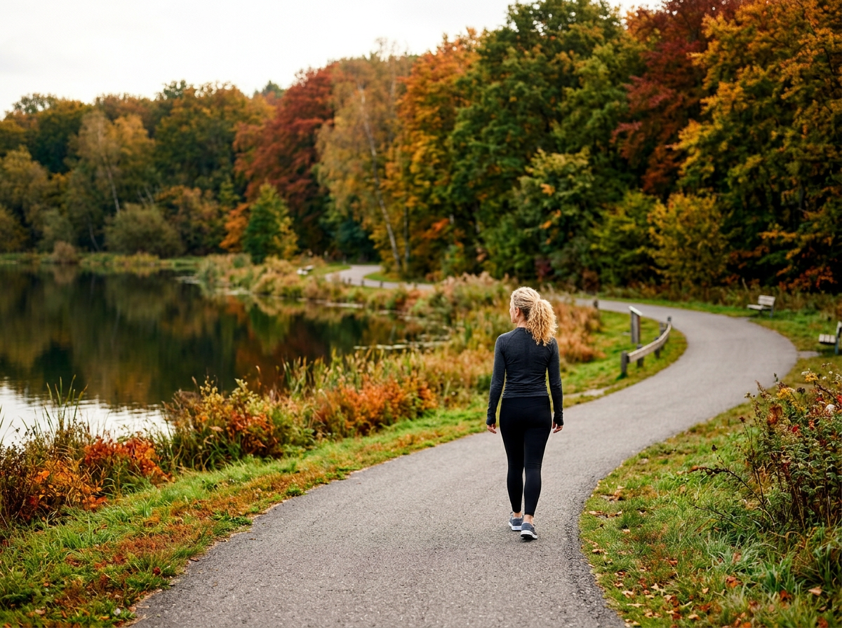 A woman walking along a curved pathway by a lake with autumn-colored trees in the background.
